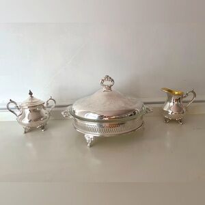 Sterling Silver Gorham AntiqueCream Sugar Ovenware andglass serving dish YC1903